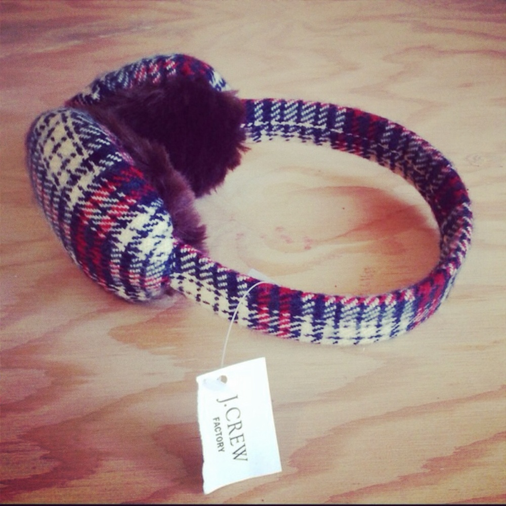 J. Crew Plaid Earmuffs in Navy, Red, Cream with Brown Faux Fur